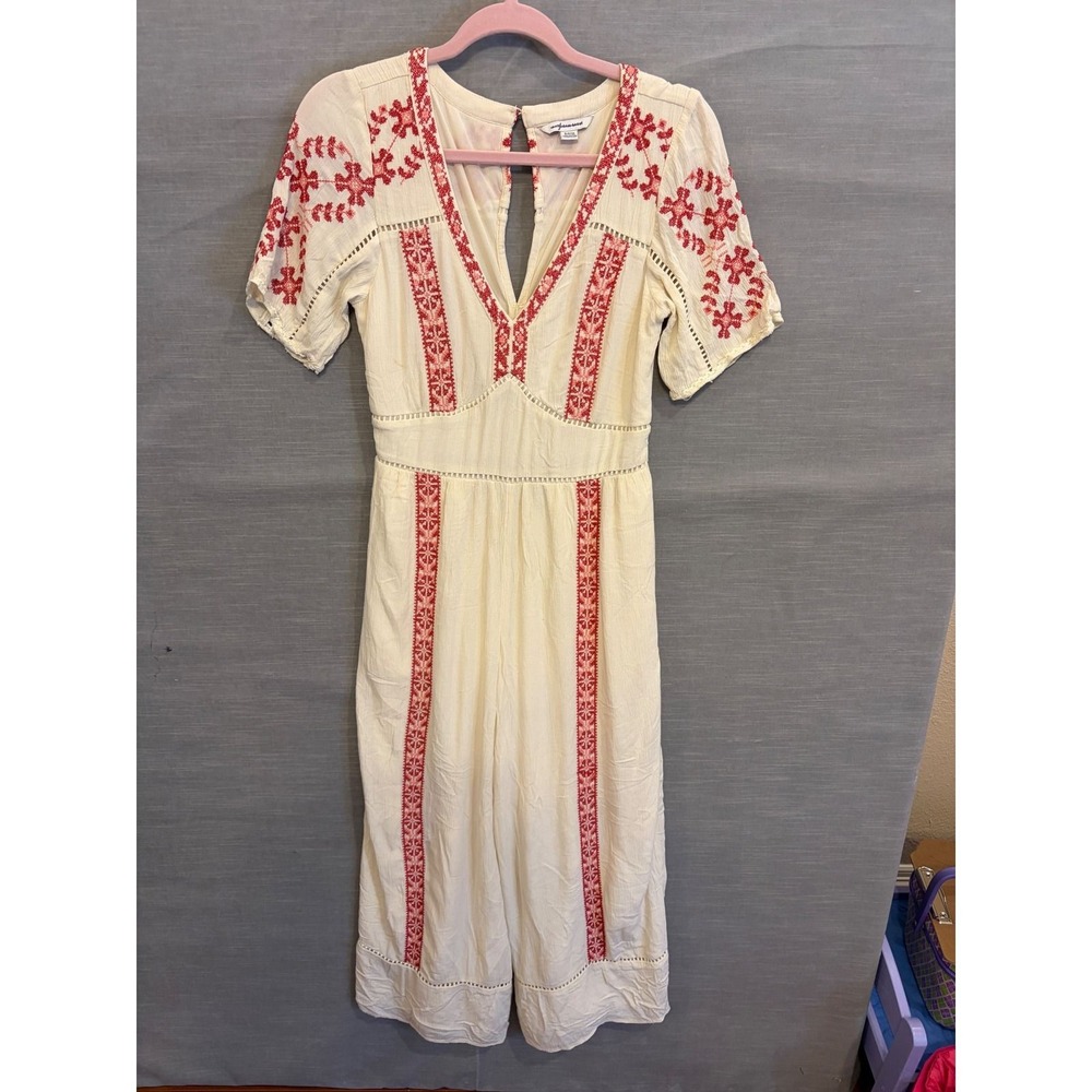 S 92- American Eagle Embroidered Boho Wide Leg Jumpsuit Ivory Red with pockets